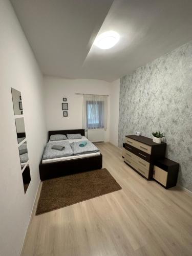 ein Schlafzimmer mit einem Bett und einer Kommode darin in der Unterkunft Árvíz Apartman in Szeged