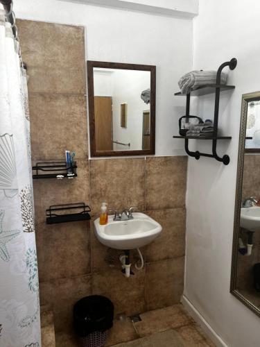 a bathroom with a sink and a mirror at Roseau City Hub Apartment in Roseau