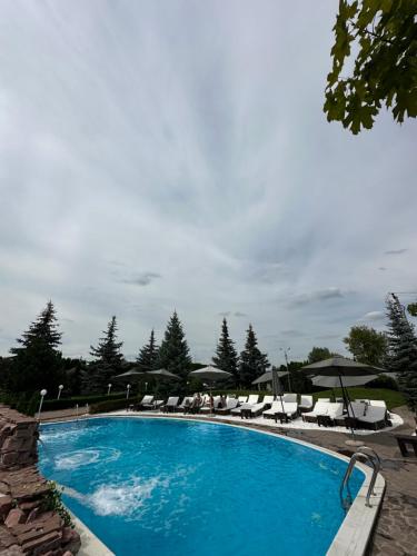 a large swimming pool with chairs and umbrellas at Grigliata Motel and Pool in Glevakha
