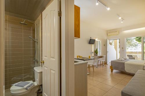a bathroom with a toilet and a shower and a bedroom at Theos Village Apartments in Kato Daratso