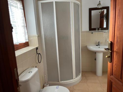 a bathroom with a shower and a toilet and a sink at La Casa de Andújar in Cubas