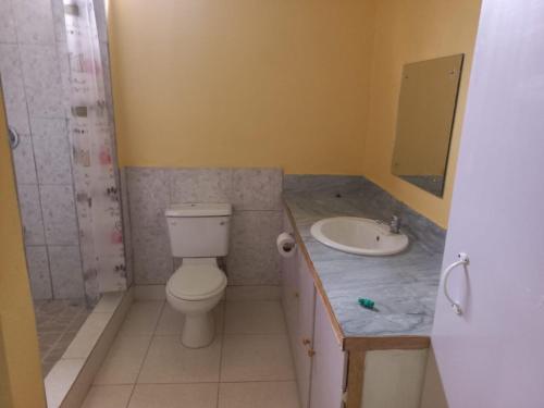 a bathroom with a toilet and a sink at Cocrico Apartments in Scarborough
