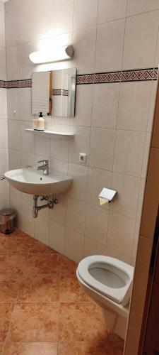 a bathroom with a toilet and a sink at Gästehaus Bonholz in Stummerberg