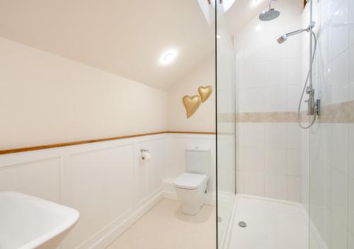 a bathroom with a shower and a toilet at Plough Cottage in Yoxford