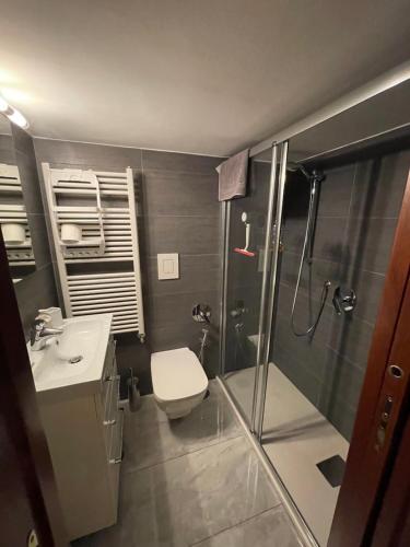 een badkamer met een douche, een toilet en een wastafel bij Caravaggio Apartment in Napels