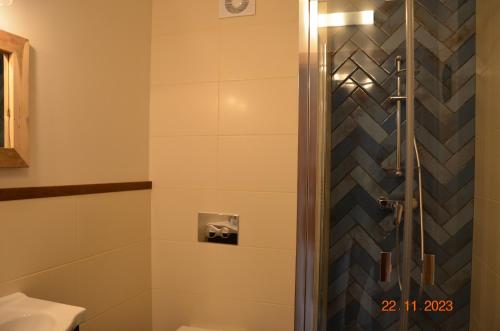 a shower with a glass door in a bathroom at Arte Gdańsk in Gdańsk
