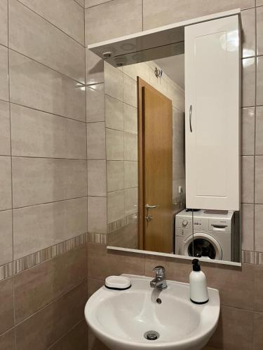 a bathroom with a sink and a mirror and a washing machine at Apartman Sidra in Trebinje