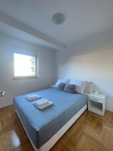 a bedroom with a bed with blue sheets and a window at Apartman Sidra in Trebinje