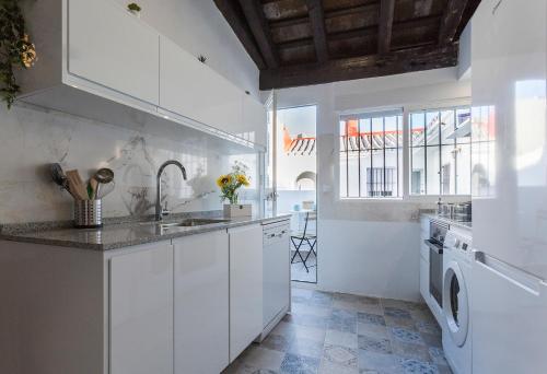 uma cozinha branca com um lavatório e uma máquina de lavar louça em San Miguel Terraza Tranquilo Moderno em Jerez de la Frontera