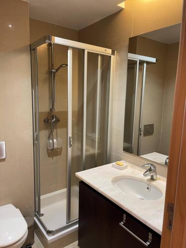 uma casa de banho com um chuveiro, um lavatório e um WC. em Penthouse Terrace Apartment em Ponta Delgada