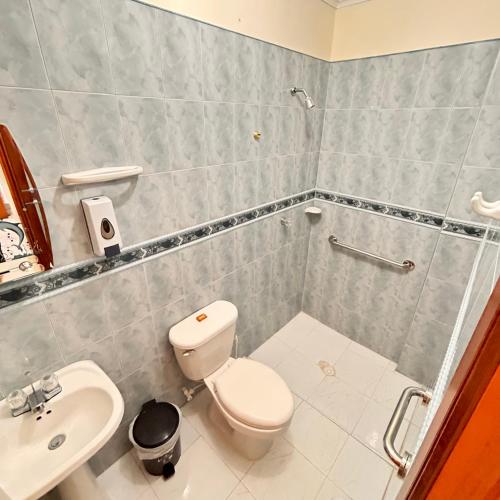 a bathroom with a toilet and a sink at Casa Hotel Los Fundadores in La Victoria
