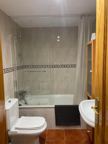 ein Badezimmer mit einem WC, einer Badewanne und einem Waschbecken in der Unterkunft Apartamento Pinos Blancos in Benasque