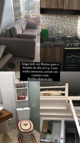 eine Collage mit Bildern einer Küche und einem Wohnzimmer in der Unterkunft Loft em Búzios in Búzios
