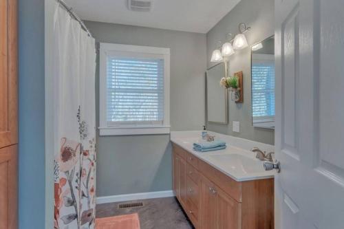 a bathroom with a sink and a mirror and a shower at The Cottage @ Afton Mountain- Close to Wineries! in Afton