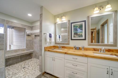 a bathroom with two sinks and a shower at Stunning Sapphire Valley Resort Townhome with Perks! in Sapphire
