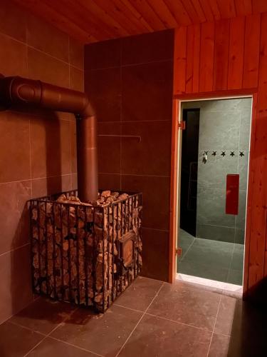 una pila de troncos en el baño con ducha en Hotel Artis, en Moderówka