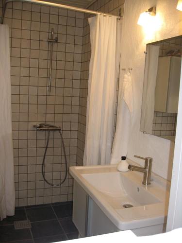 ヘアニングにあるB&B Korsørvejのバスルーム(シンク、シャワー付)