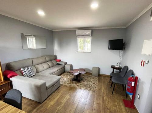 a living room with a couch and a tv at A Tintureira in São Martinho de Antas