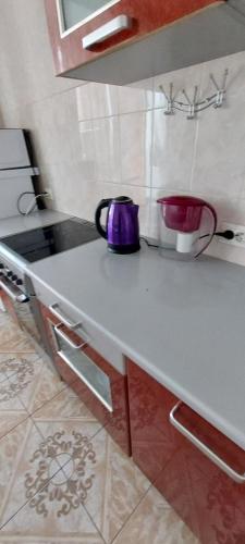 a kitchen counter with a purple appliance on it at VIP apart 324 in Tbilisi City