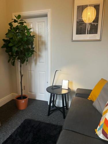a living room with a couch and a table with a plant at Matipa-Given Apartments Eastleigh Southampton in Eastleigh