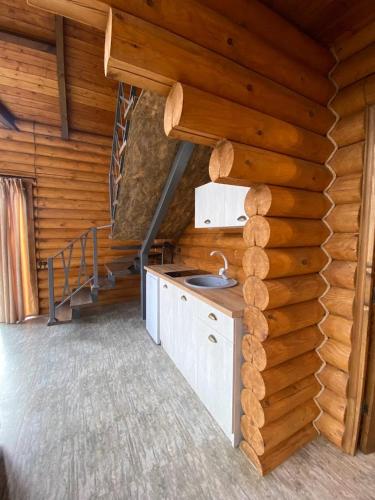 una cocina en una cabaña de madera con fregadero en Arte Jermuk Lux Cottage, en Jermuk