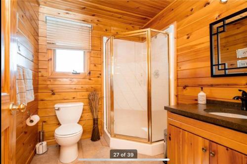 a bathroom with a shower and a toilet and a sink at Private Lakefront Sanctuary in Matlock