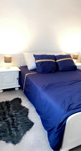 a bedroom with a bed with a blue comforter at Charmante petite maison in Maubeuge