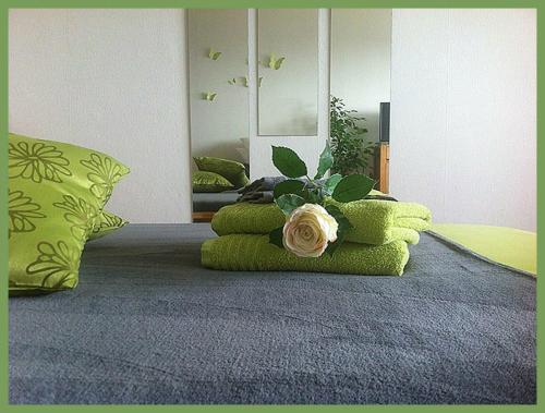 a room with green pillows and a flower on the floor at Apartment SONNE - ruhig in der Nähe des Hauptbahnhof in Braunschweig