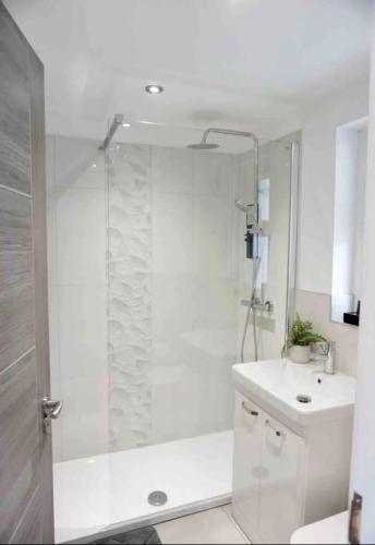 a white bathroom with a shower and a sink at Contemporary Seaside Apartment in Bangor