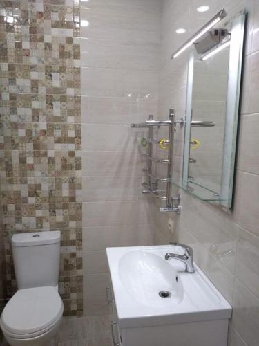 ein Badezimmer mit einem weißen WC und einem Waschbecken in der Unterkunft VIP apart 326 in Tbilisi City