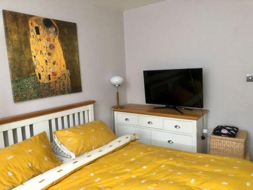 1 dormitorio con cama amarilla y TV en Flat in blue plaque building en Londres