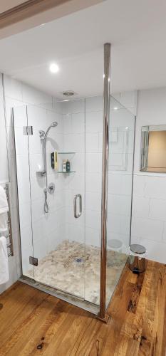 a bathroom with a shower with a glass door at Bellrock Lodge in Russell