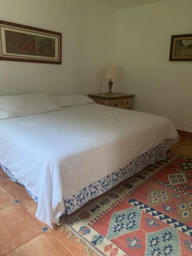 um quarto com uma cama branca e uma mesa em Casa Shambhala Malinalco em Malinalco