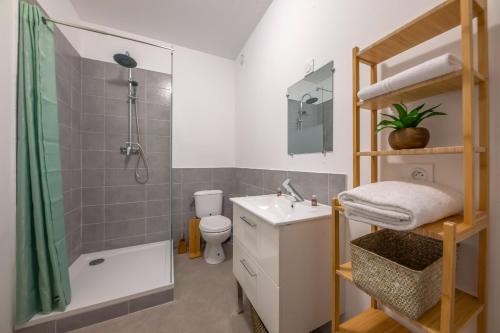 a bathroom with a shower toilet and a sink at Le rendezvous au jardin des grenoblois in Grenoble