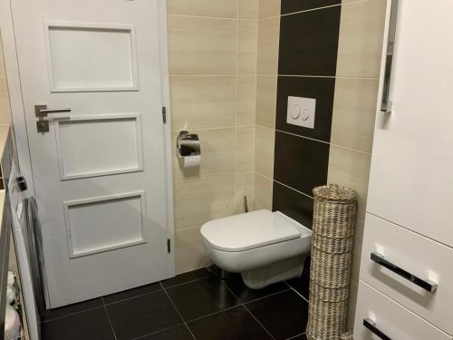 a bathroom with a toilet and a door at Apartmán s garáží a balkónem in Plzeň