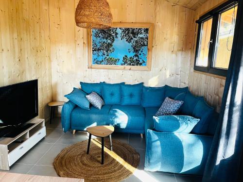 a living room with a blue couch and a television at La Cabane 56 - calme - cosy - chaleureuse - sans vis-à-vis in Lège-Cap-Ferret
