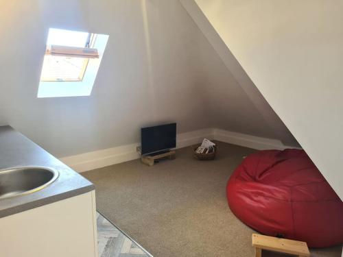 Cette chambre dispose d'un fauteuil à poufs rouges et d'une télévision. dans l'établissement 6 En-Suite Bedrooms; Garden; Driveway;Pet Friendly, à Bournemouth