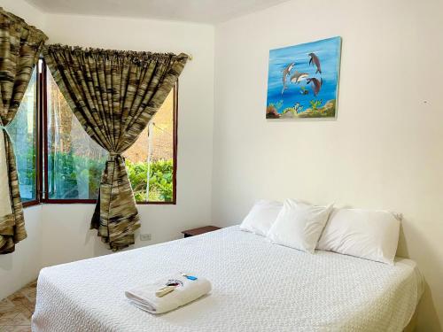 a bedroom with a white bed and a window at Hostal Vista al Mar in Puerto Baquerizo Moreno