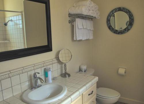 een badkamer met een wastafel, een toilet en een spiegel bij 1980 Sherwood in Cambria