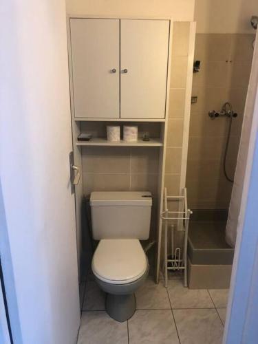 uma casa de banho com WC e um armário por cima em Croisette Immo Cosy 2p derrière le Martinez em Cannes