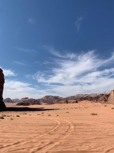 a desert scene with a tire tracks in the sand at Wadi Rum desert Mohammed in Wadi Rum