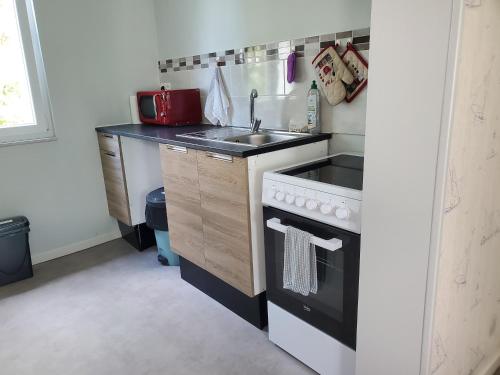 une petite cuisine avec un évier et une cuisinière dans l'établissement La Chamarande, peaceful cottage near Tours Amboise, à Montlouis-sur-Loire