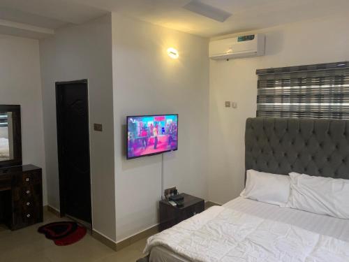 a bedroom with a bed and a flat screen tv on the wall at Ace shortlet apartment in Abuja