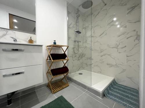 bagno con doccia e box doccia in vetro di Le Paisible a Pontcarré
