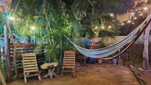 een hangmat in een kamer met palmbomen bij Hostal La Buena Vida Mazunte in Mazunte