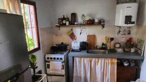 a small kitchen with a stove and a sink at Casa rural junto al Río Chubut (Ty'r Bont) Trelew in Trelew