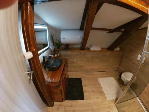a small bathroom with a sink and a mirror at Family friendly house with a parking space Brestova Draga, Gorski kotar - 21977 in Delnice