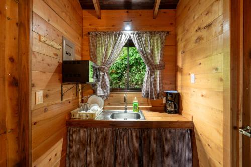 eine Küche mit einem Waschbecken und einem Fenster in einer Hütte in der Unterkunft Cabaña La Montaña: Vistas increíbles y Mirador in Turrialba