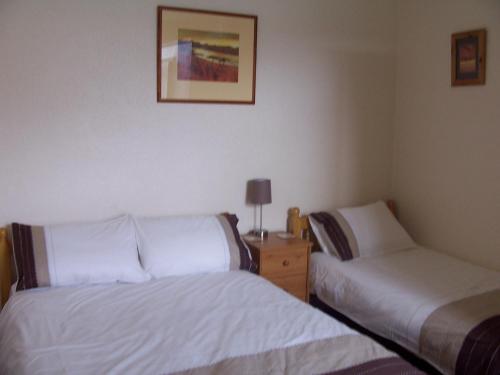 a hotel room with two beds and a table with a lamp at Denecrest Guest House in Windermere