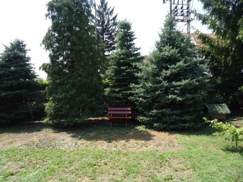 a park bench sitting in the middle of some trees at Prenoćište Vila Stara Breza in Palić
